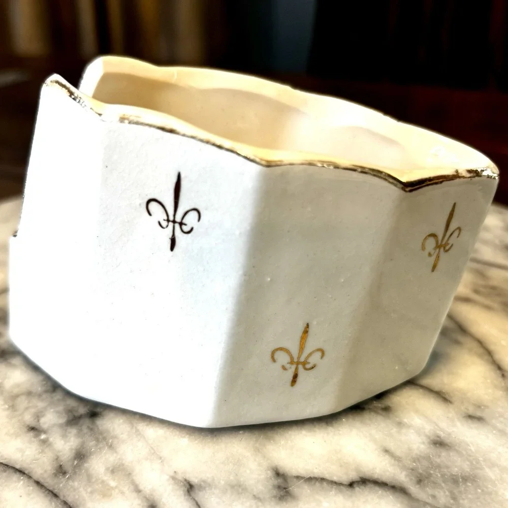 VTG 1950s 50s Ceramic White Gold Fleur de‎ Lis Lys Flatware Caddy Spoon Rest